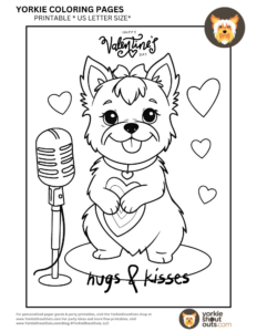 Yorkie puppy forming a heart shape with paws in front of a microphone, Valentine's Day coloring page.