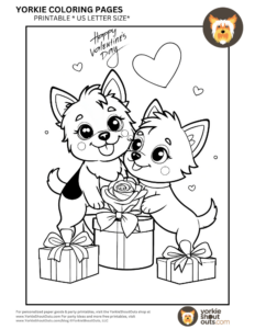 Two cute Yorkie puppies, one standing with a rose and the other sitting beside gift boxes, in a Valentine's Day-themed coloring page.