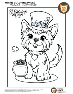 A printable coloring page featuring a Yorkie Terrier wearing a leprechaun-style hat with a buckle, standing by a pot of gold and shamrocks—ideal for St. Patrick’s Day coloring