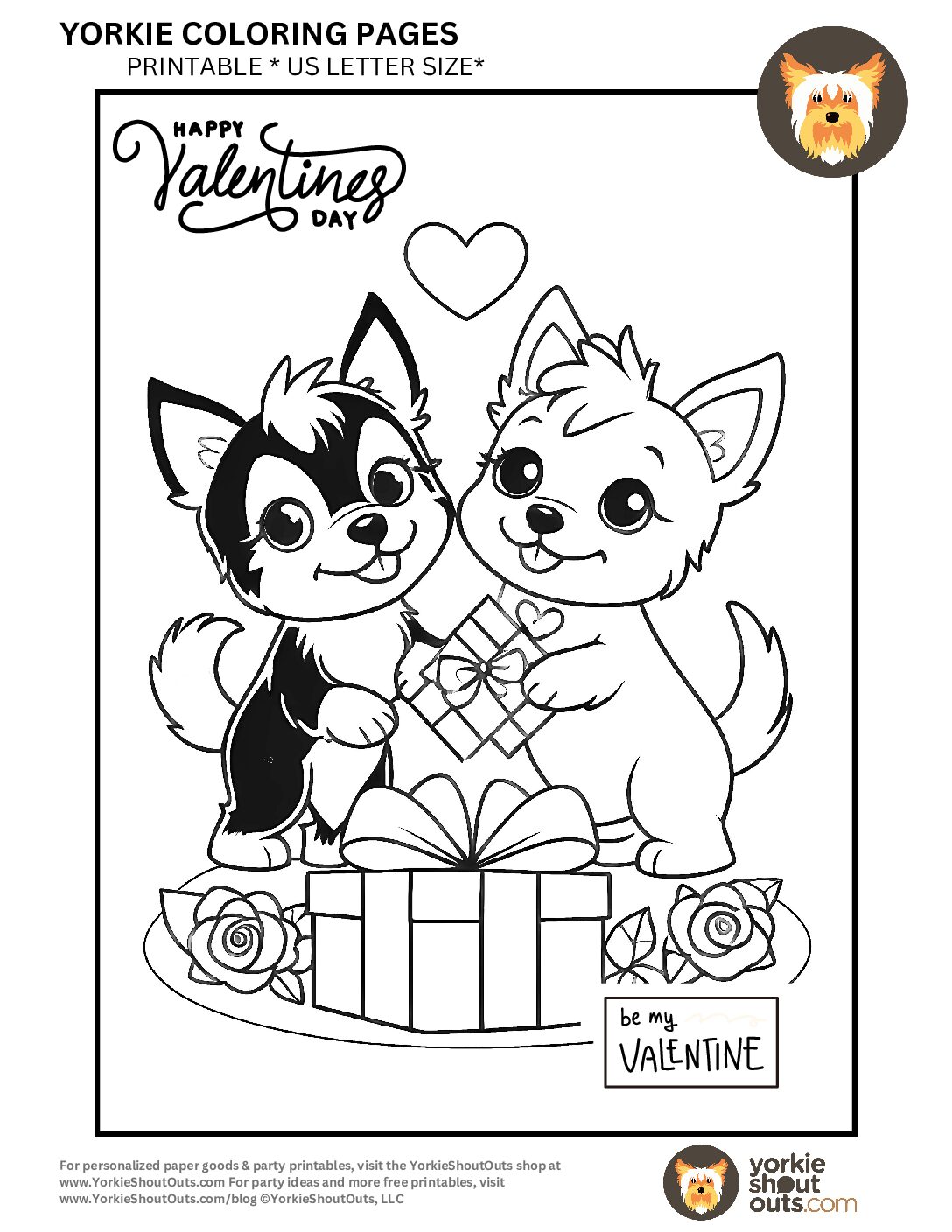 Valentine coloring page with two cartoon dogs, wrapped gifts, roses and a heart