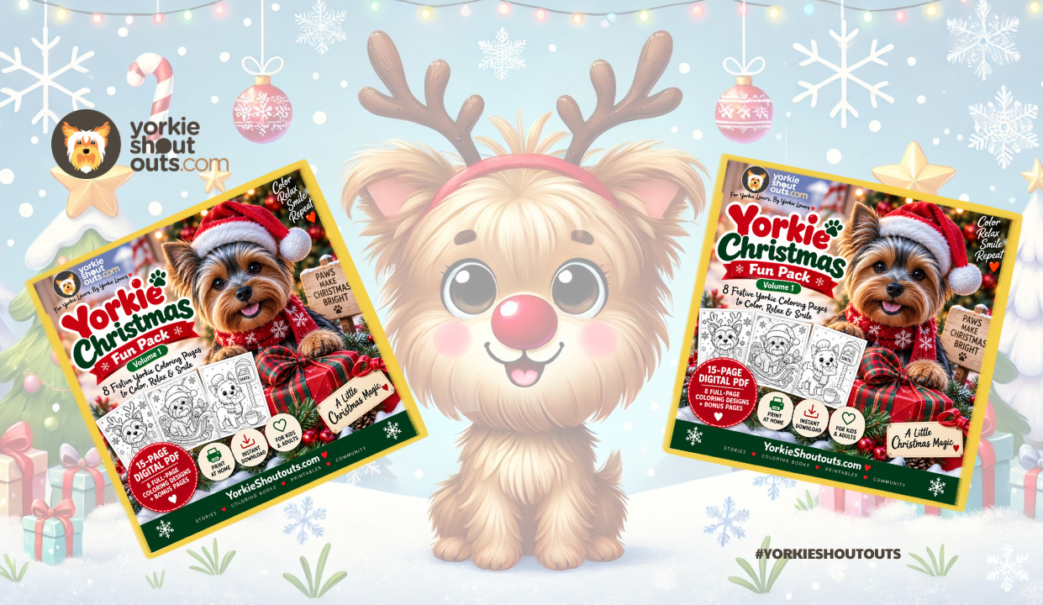 Yorkie Christmas Fun Pack Vol. 1 banner with festive Yorkshire Terrier coloring pages