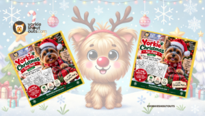 Yorkie Christmas Fun Pack Vol. 1 banner with festive Yorkshire Terrier coloring pages