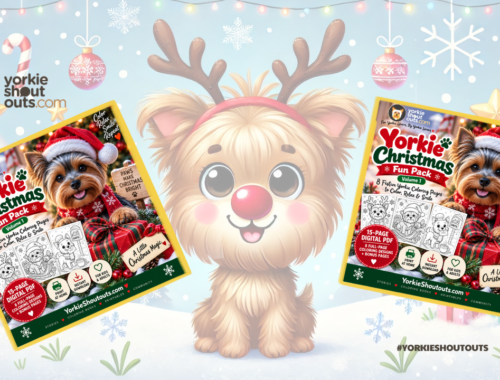 Yorkie Christmas Fun Pack Vol. 1 banner with festive Yorkshire Terrier coloring pages