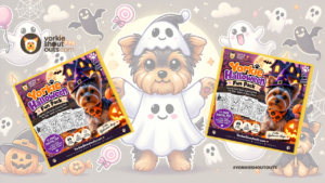 Yorkie Halloween Fun Pack banner with spooky-cute Yorkshire Terrier coloring pages
