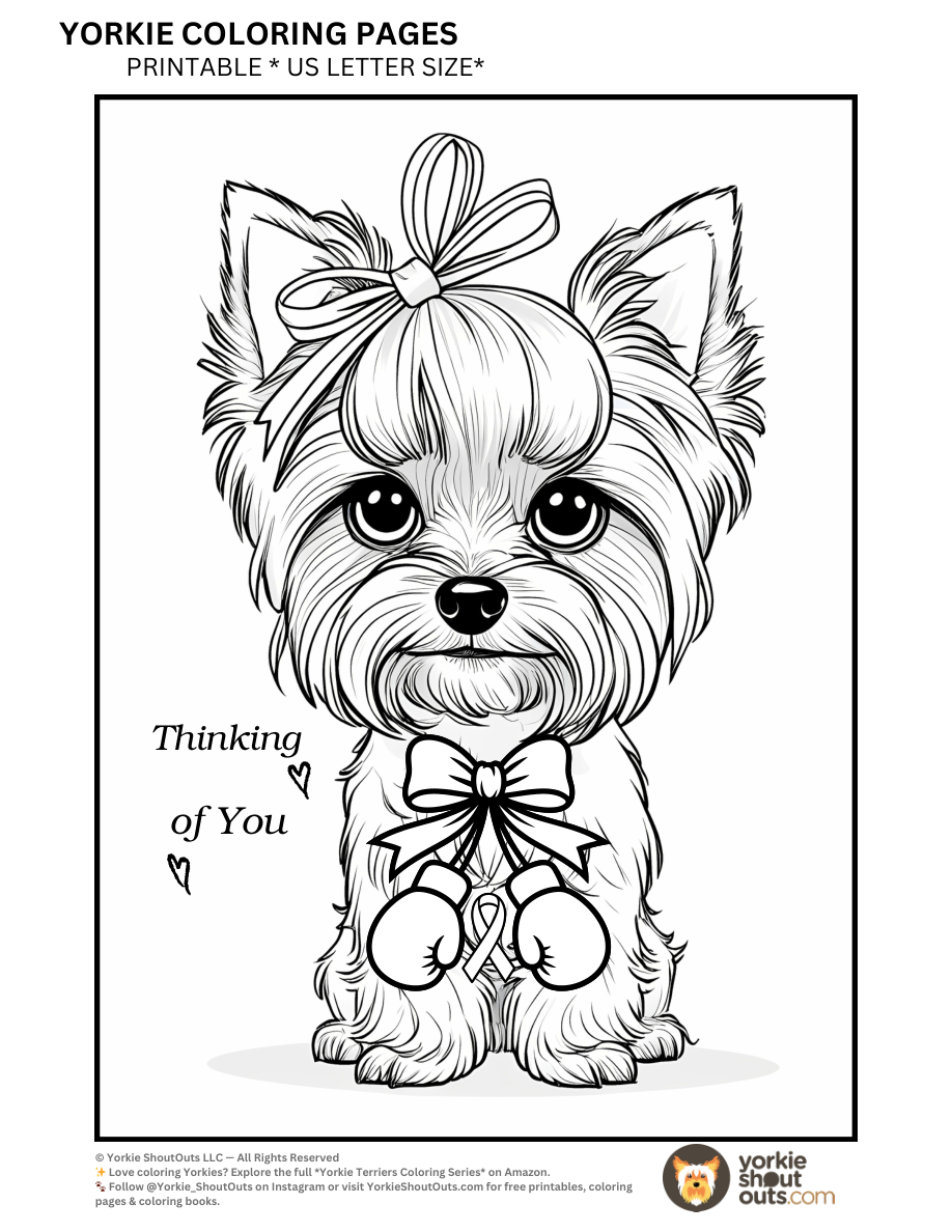 Yorkie with a topknot bow holding an awareness ribbon beside the words Thinking of You.