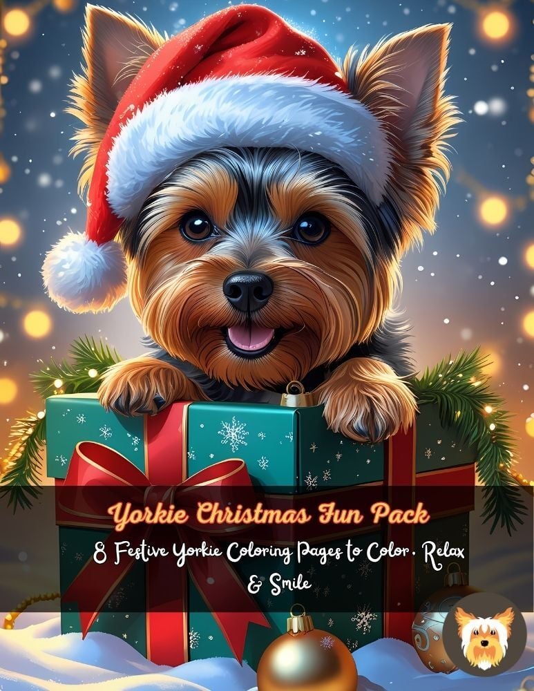 Yorkie Christmas Fun Pack PDF cover with a Yorkie in a Santa hat and a wrapped gift