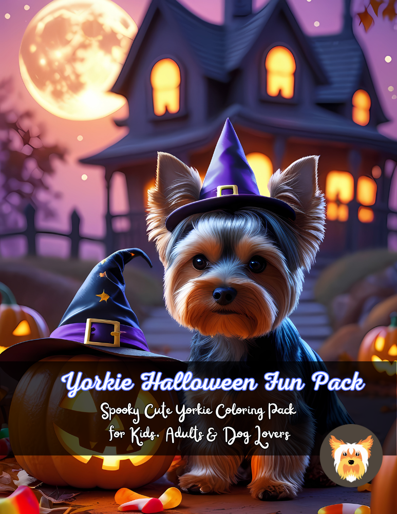 Yorkie Halloween Fun Pack PDF cover with a Yorkie in a witch hat beside pumpkins